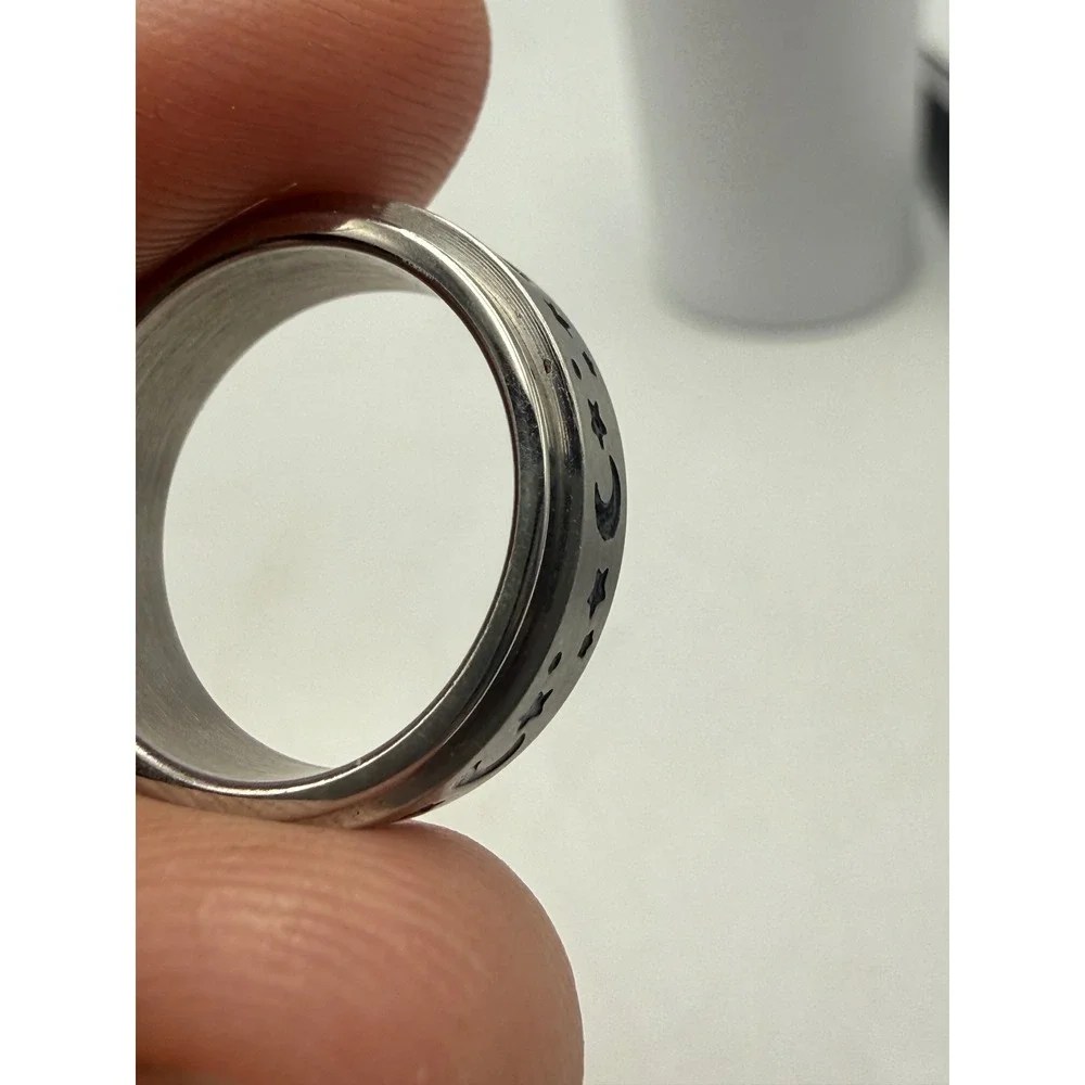 Celestial Moon and Stars Spinner Fidget Ring Silver Tone Stainless Steel Size 6